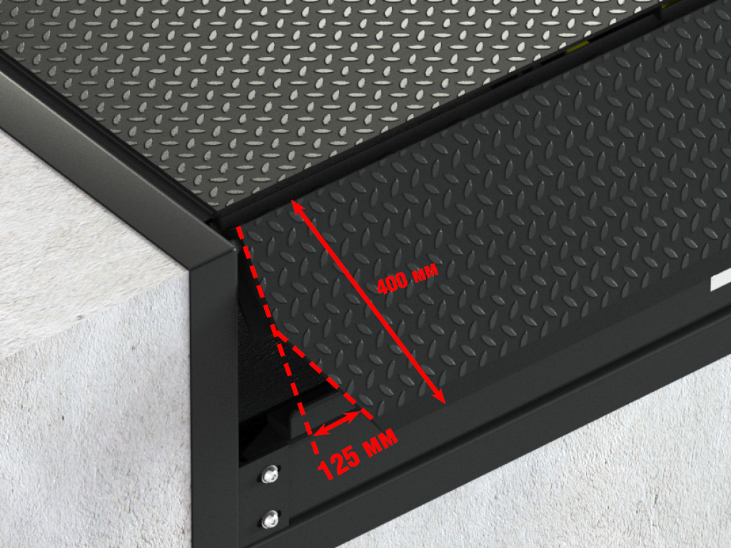 Wedge-shaped lip. 35 mm bevel. Whole, without segments. Such levelers are ideal for trucks with different-size load beds or in case a truck parks not in the center of the loading dock preventing truck damage.